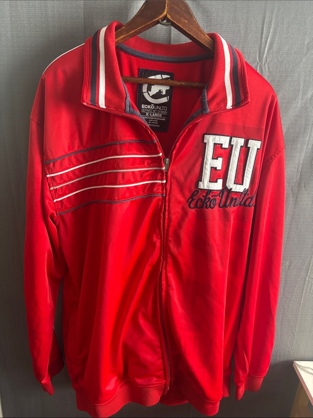 Ecko Unlimited Women’s Red Zip-Up Varsity Jacket with White & Gray Trim